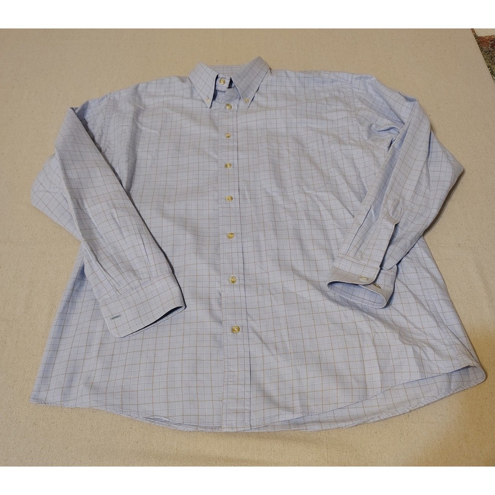 Gitman Bros Men Large Blue Gold Windowpane Check Cotton Button Down Shirt USA 10